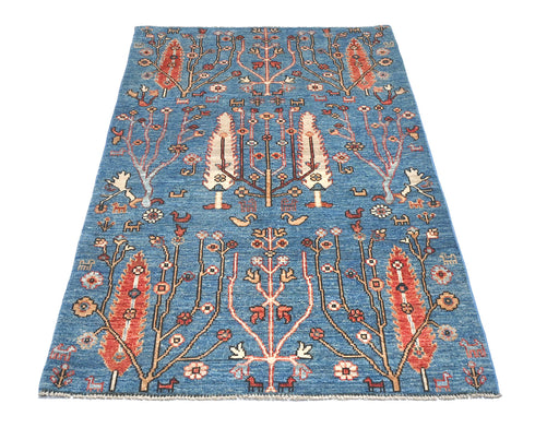3x5 Blue Khurgeen Afghan Hand Knotted Wool Area Rug